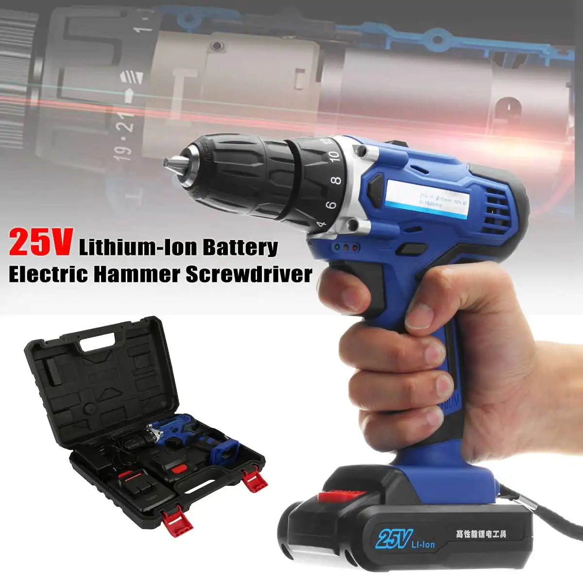 

Rechargeable Cordless Drill Hammer Electric Screwdriver 25V Lithium-Ion Power Screwdriver With 2 Batteries 1 Charger