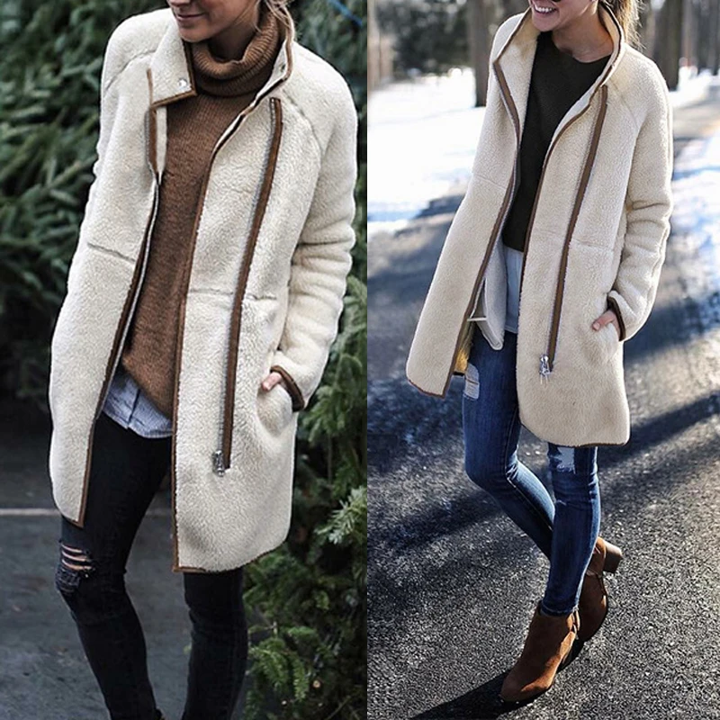 

Autumn Winter Women Jacket Solid Beige High Collar Coat Long Sleeve Open Stitch Cardigans Zipper Jackets Outwear Female 8L1304