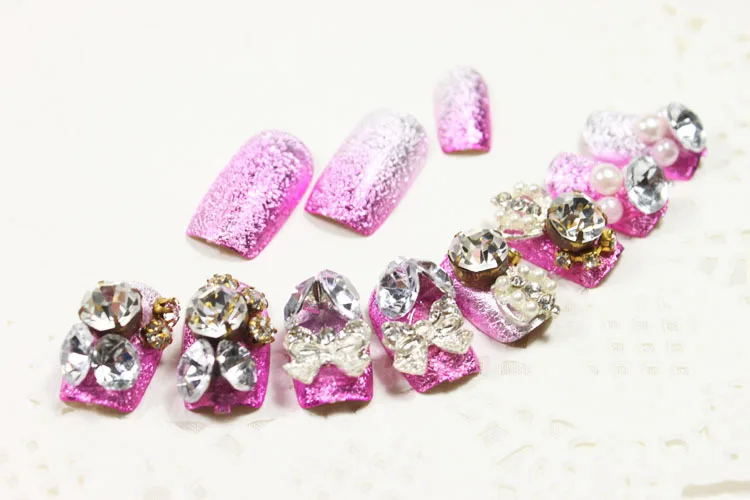 

24pcs/set Women Artificial Fake Nails Rose Color Rhinestone Finger False Nail Tips Party Hand Decoration