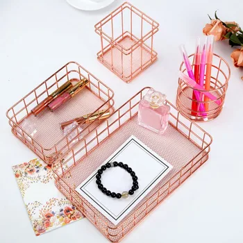 

Rose Gold Iron Storage Basket Mutifunctional Storage Baskets Desktop Durable Iron Organizer for Home Bedroom Office Accessories