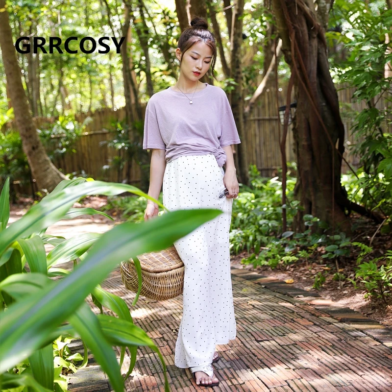 

GRRCOSY Maternity Pants Dot Chiffon Thin Boot Cut Fashion New Summer Wide Leg Elegant Long Culottes Pants Elastic Waist Trousers