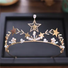 Bride Wedding Gold Color Star Crown Full Cystal Pearl Queen Crown Wedding Hair Jewelry for Women Wedding Dress Accessories