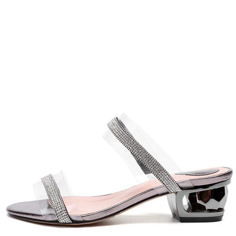 

YECHNE Women's Transparent Slides Black Grey Big Size 43 Summer Rhinestone Slippers Clear Heels Transparent Sandbeach Slides