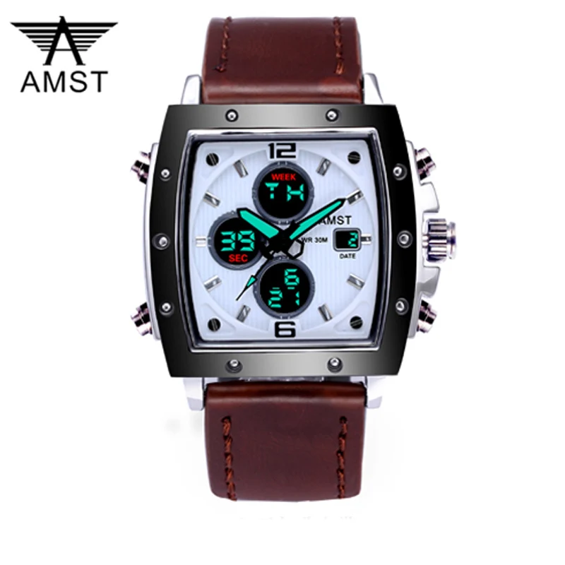 Модные Amst мужские часы Прямоугольные Военные Спортивные кварцевые часы с двойным дисплеем водонепроницаемые мужские наручные часы Relogio Masculino - Цвет: brown white