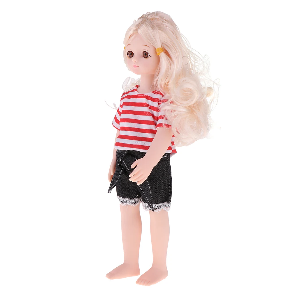 Lovely 14inch Soft Vinyl Flexible Jointed Doll Princess Girl Doll Blonde Hair Glass Eyes in Striped T-shirt and Short Pants