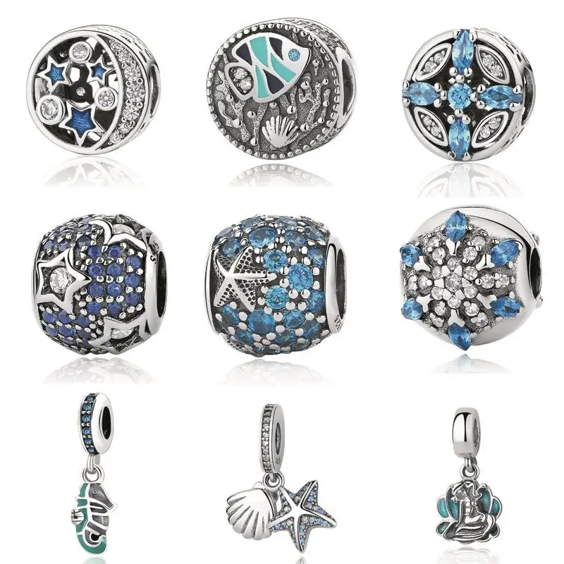 

Original 100% 925 Sterling Silver Shells Starfish DIY Blue Crystal Bead Charms Fit Pandora Women Bracelets & Bangles Jewelry