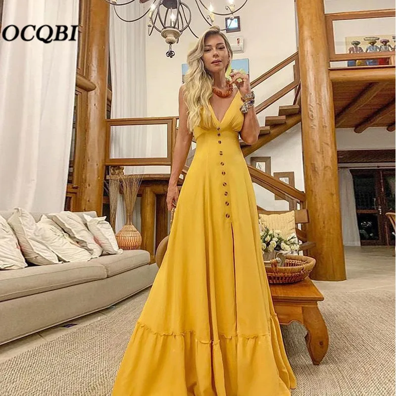 

2019 Women Summer Dress Sexy Party Night Vintage Dresses Elegant Yellow Maxi Dress Plus Size