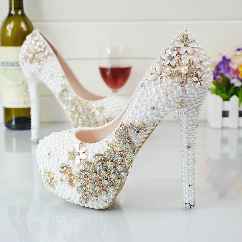 

Fashion White Sweet Lace Pearls Women Wedding Shoes High Heel Platform Bridal Dress Shoes for Women Big Size34-42