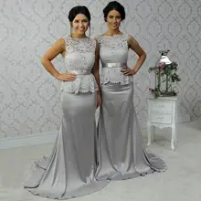 Sexy 2016 Mermaid Boat Neck Backless Gray Pink Lace Long Bridesmaid Dresses Wedding Court Train Party
