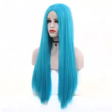 Bombshell Небесно-Голубой прямой, завязанный вручную синтетический парик на кружеве, жаростойкое волокно, натуральные волосы, средний пробор для женщин