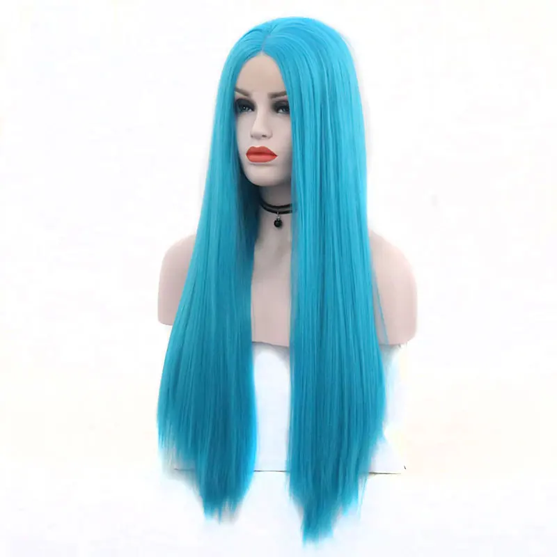 

Bombshell Sky Blue Straight Hand Tied Synthetic Lace Front Wig Heat Resistant Fiber Natural Hairline Middle Parting For Women