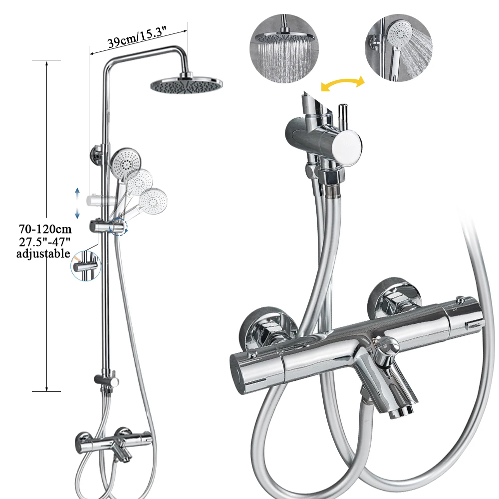 Uythner Ванная комната Термостатический смеситель для душа в форме дождя набор для ванны поворотный для душа кран Chrome горячей и холодной воды настенный для душа