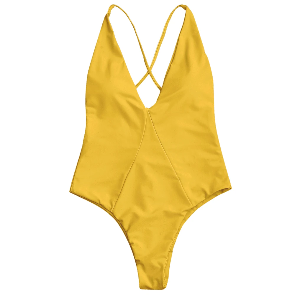 

LANGSTAR Swimwear Women Cross Back High Cut Swimwear One Piece Spaghetti Straps Criss Cross Padded High Leg Cami Swimsuit Women