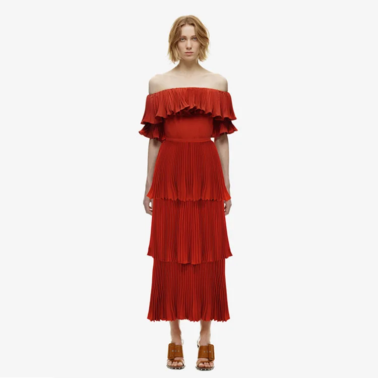 Автопортрет бренд дизайн красный большой качели гофрированная кайма подиума платье для женщин лето сексуальный с плеча Пляж Длинные вечерние платья