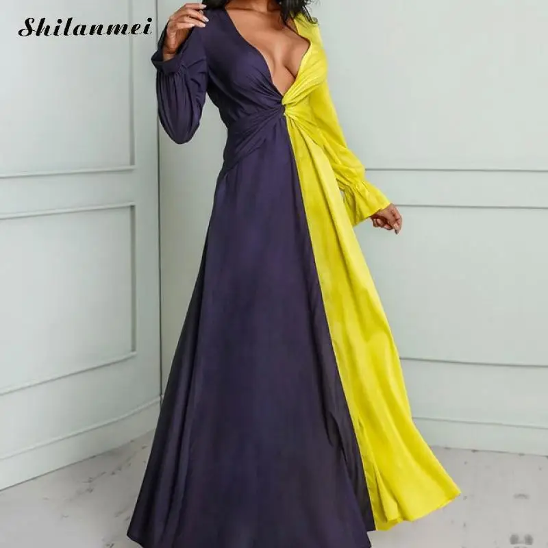 

Deep V Neck Autumn Dress Women Elegant petal sleeve Sexy Long Dresses runway vetsidos Color Patchwork fashion Party Dress female