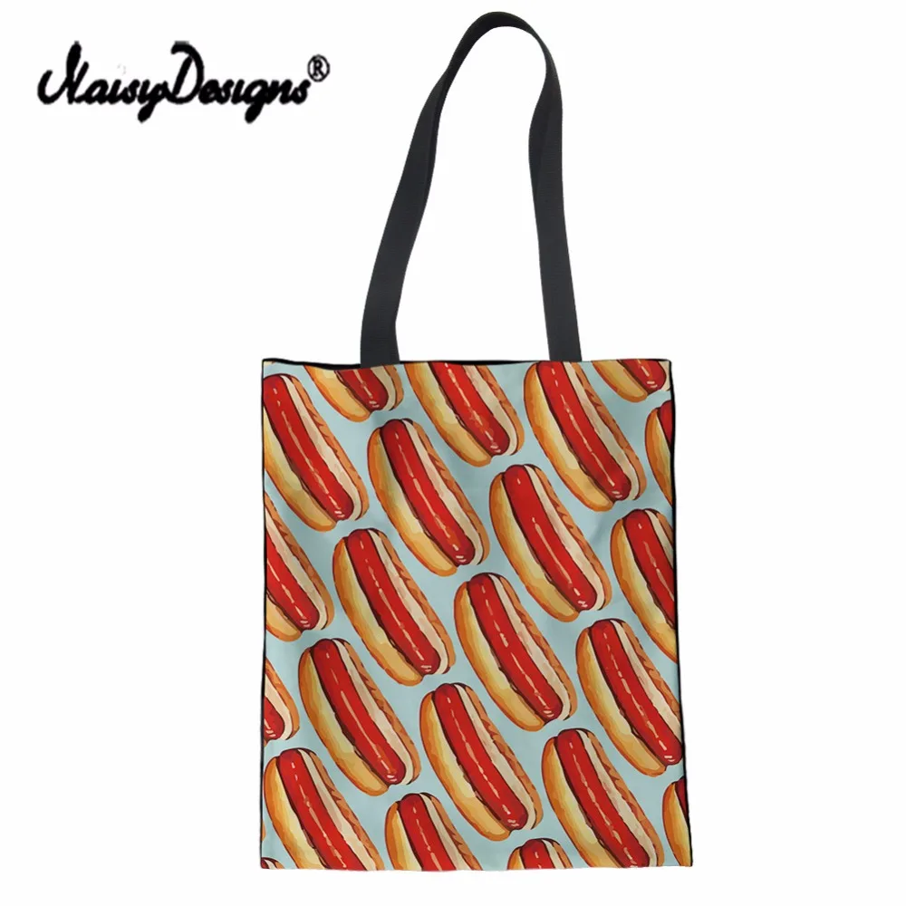 Бесшумные Дизайнерские Большие сумки для покупок для женщин милая мультяшная сумка для гамбургера Лен с принтом Сумка Многоразовые складывающиеся сумочки