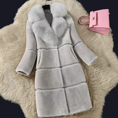 Зимнее женское меховое пальто размера плюс 4XL, утолщенные теплые куртки, повседневные длинные пальто из искусственного меха ягненка, Женская парка с воротником из лисьего меха LQ448 - Цвет: gray