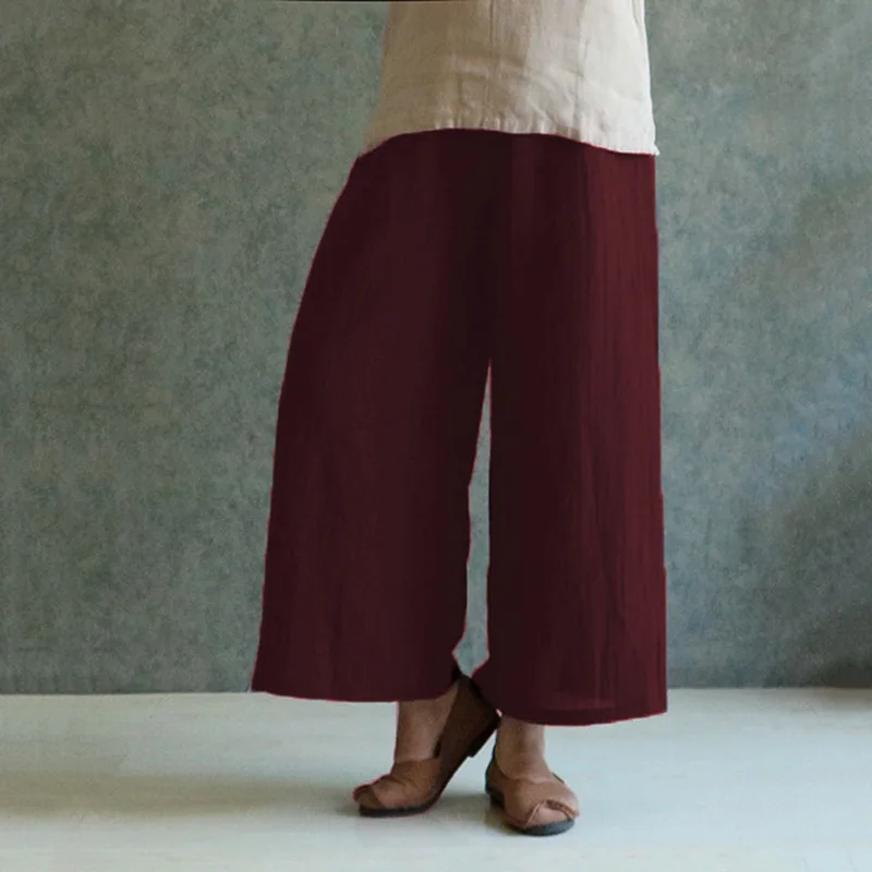 Белые штаны, женские широкие штаны, повседневные, одноцветные, эластичная талия, длинные, для работы, офиса, мешковатые брюки размера плюс, 5XL - Цвет: Wine Red