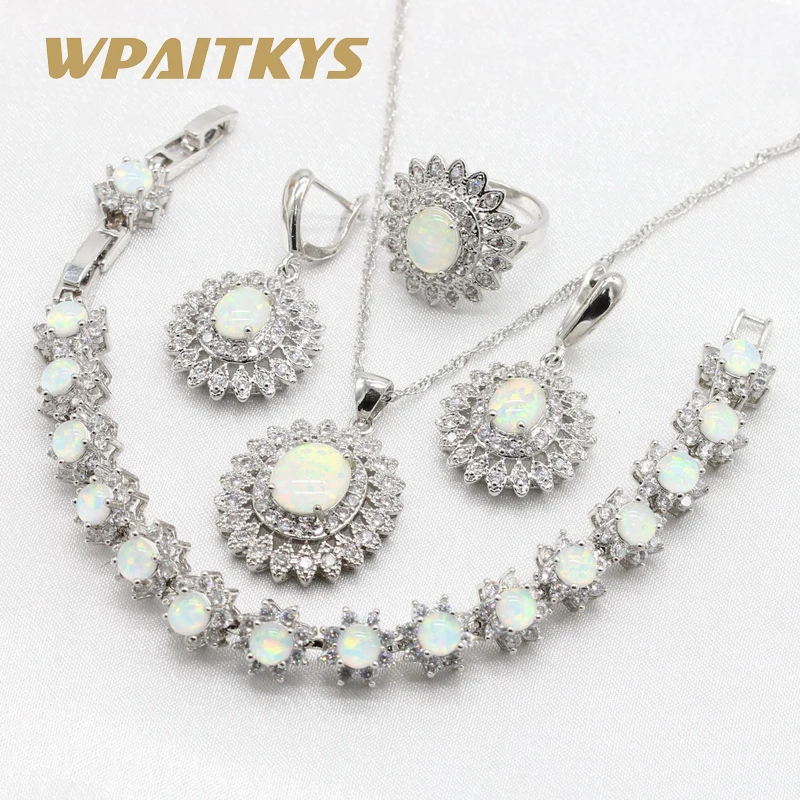

925 Silver Jewelry Sets Australia White Fire Opal for Women Bracelet Necklace Pendant Earrings Rings Gift Box