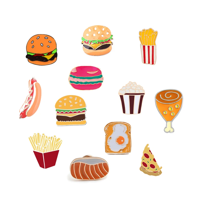 

Cartoon Fast food Brooch Hamburger Pizza Popcorn Chicken leg French Fries Cute Lapel Enamel Pins Women Badges Kids Jewelry Gifts