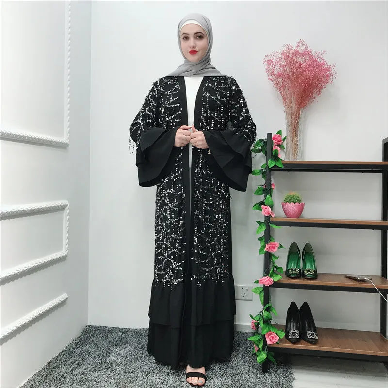 

Ramadan Kaftan Black Sequin Abaya Kimono Muslim Hijab Dress Caftan Marocain Turkish Islamic Clothing Abayas For Women Robe Femme