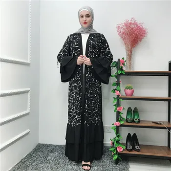 

Ramadan Kaftan Black Sequin Abaya Kimono Muslim Hijab Dress Caftan Marocain Turkish Islamic Clothing Abayas For Women Robe Femme