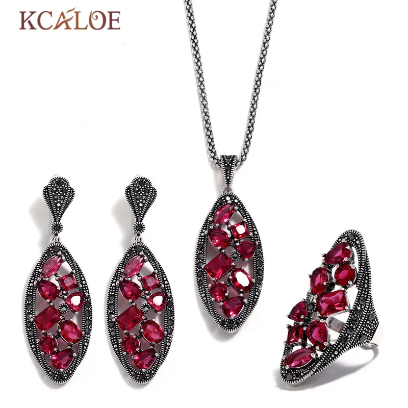 

KCALOE Luxury Cubic Zirconia Jewelry Set Black Rhinestone Antique Silver Color Long Geometry Wedding Jewellery Sets For Women