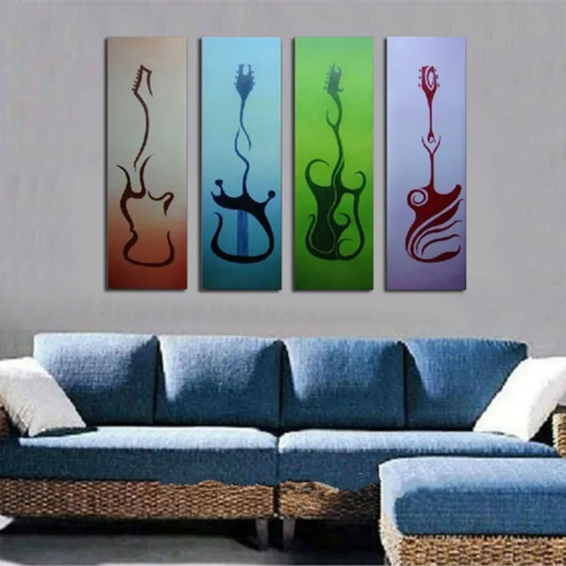 4 Panel Wall Painting Pictures Sets Hand-painted Abstract Color Guitar Oil Paintings on Canvas Home Decor Arts for Living Room | Дом и сад