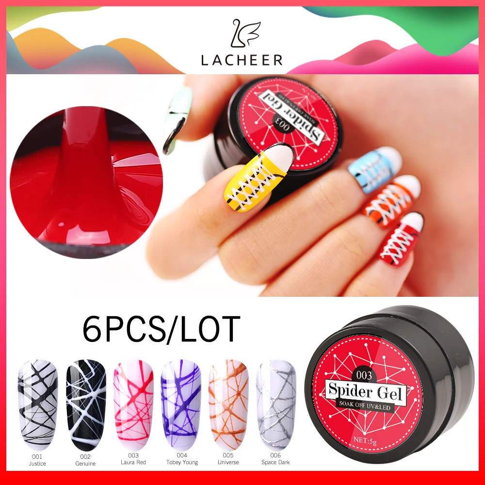 

Lacheer Spider Soak Off UV Color Gel Web Painting Creative 6 Colors Kit For Making Different Web Effect Base Top Coat Needed