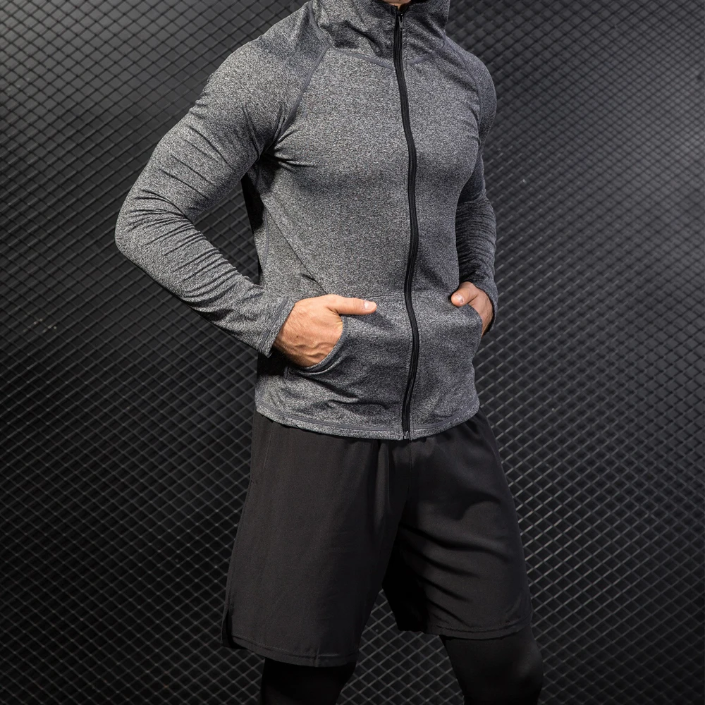 Mens Gyms Sportswear Suit Tight Workout Elasticity Hoodies+Shorts Quick Dry Tight Trainings Fitness SportSuit 2Piece