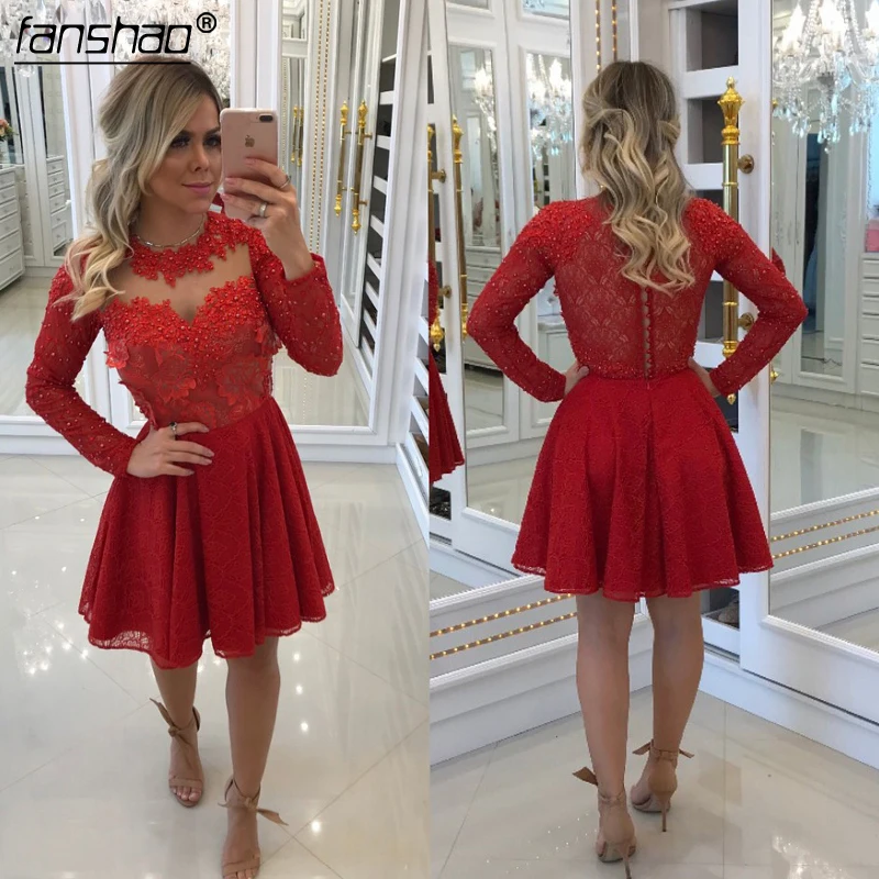

Red Cocktail Dresses A-line Long Sleeves Short Mini Appliques Lace Pearls Party Plus Size Homecoming Dresses
