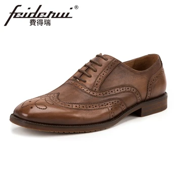

Vintage Handmade Genuine Leather Men's Oxfords Round Toe Lace-up Man Wingtip Prom Flats Formal Dress Wedding Brogue Shoes KUD103