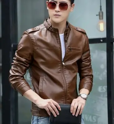 Мужская кожаная куртка, осень, брендовая Европейская модная байкерская куртка, искусственная овечья кожа, высокое качество, большие размеры, пальто WD0162 - Цвет: light coffee thin