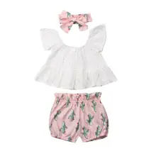 Комплект из 3 предметов для новорожденных девочек; кружевной топ с открытыми плечами; Шорты С КАКТУСОМ; летний костюм