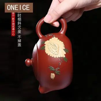 

big Red Pouch Mud Yixing Teapot Pure Hand Handmade Colourful Mud Painted Peony Xi Shi Pot Purple Clay 188 Ball Hole