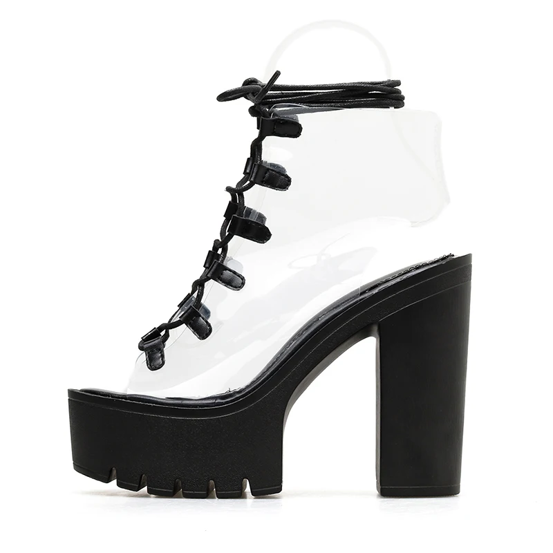 Босоножки на высоком каблуке с открытым носком женские пикантные летние ботинки на платформе с прозрачной шнуровкой из ПВХ туфли-лодочки Mujer открытые сандалии с ремешком на лодыжке