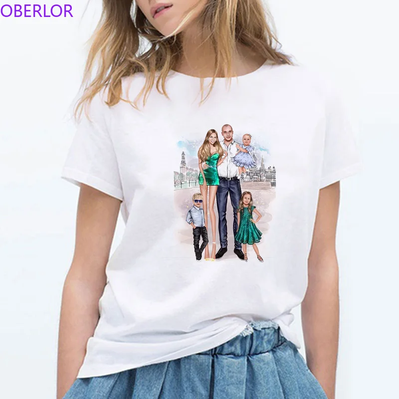 

Women T Shirt Mama Dad and Three Kids Happy Time Holiday Mothers Day Tshirt Gift for Mom Tee Good Quality Cotton Casual Camiseta
