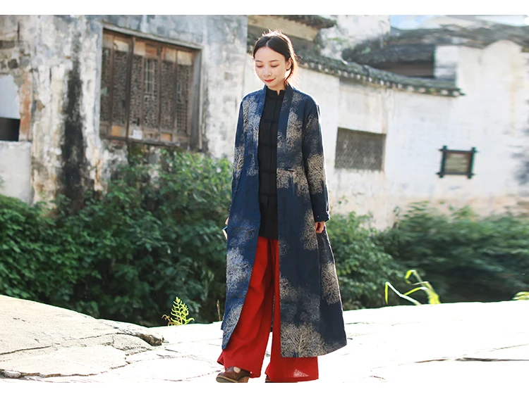 LZJN Autumn Women Trenchcoat Long Jacket Cotton Linen Duster Coat Vintage Chinese Windbreaker High Waist Ethnic Cardigan