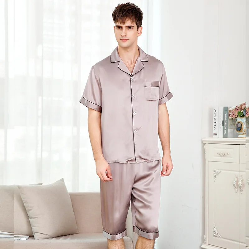 Man's Genuine Silk Pajamas Summer Short Sleeve Sleepwear Male 100% Silkworm Silk Pyjama Sets Solid Color T9004 satin silk pajamas male long sleeve embroidery men pyjama sets emulation silk sleepwear turn down collar two piece 3315