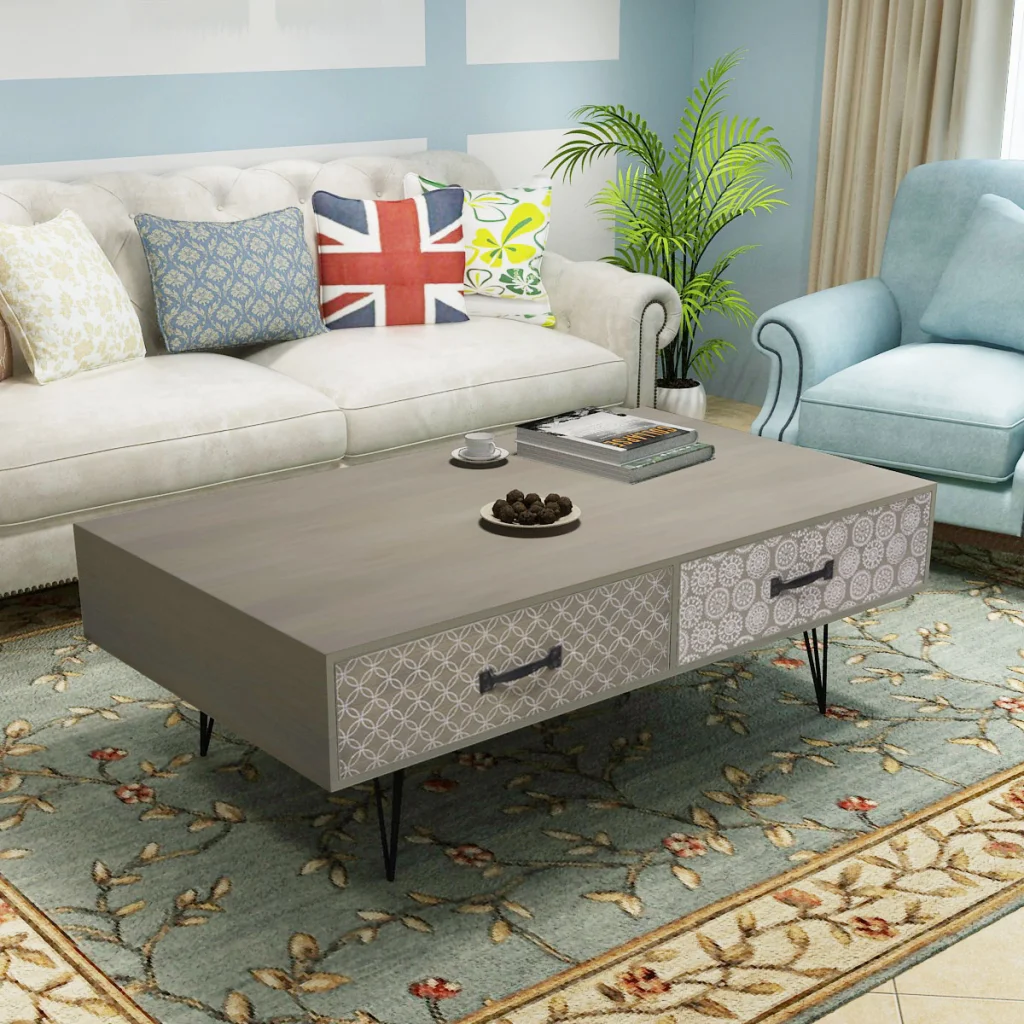 IKAYAA Retro Design Coffee Table With 4 Drawers 100x60x35 cm Tea Coffee Table with elegant decorative pattern ES FR Stock