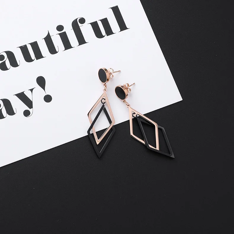 New Listing Geometric Titanium Steel long Tassel Girl Earrings gold Stainless Steel Triangle leaf Girl Black Jewelry Earrings 1