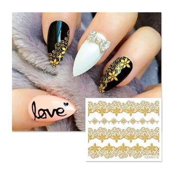 WUF 1 Sheet Gold Lace Flower Nail Stickers Beauty Nail Art 3D Decal Decorations Sticker On Nails Accessories 6015
