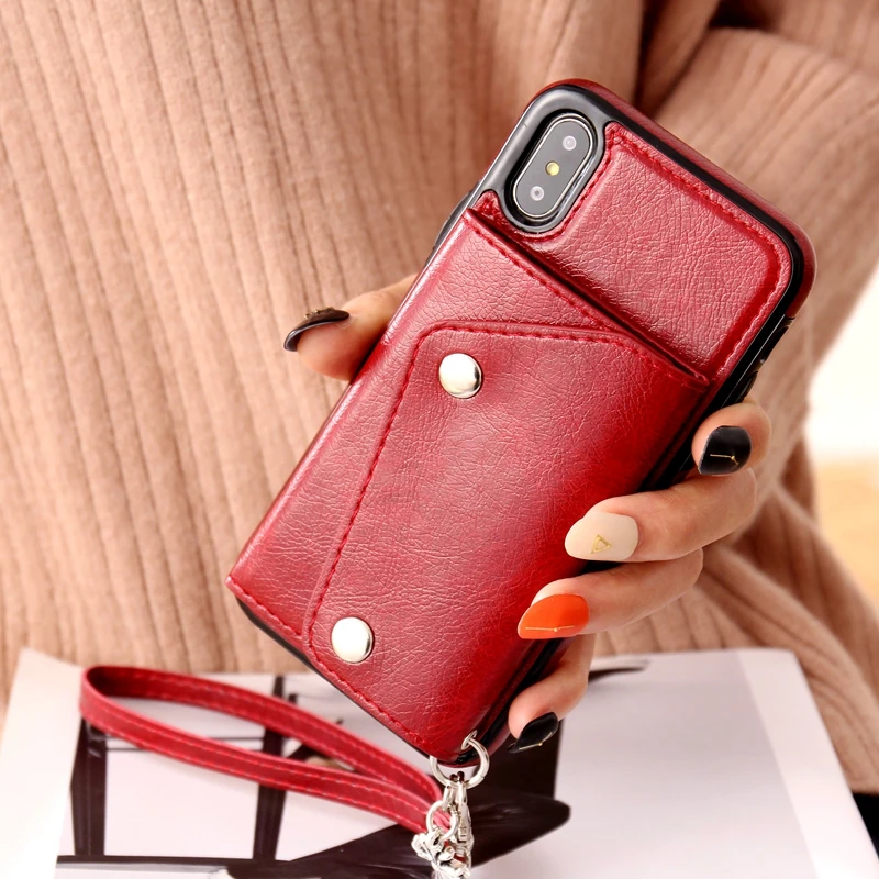 

Apple8plus Plug Card Shell Female mobile Phone X XR Xs Max Soft Rubber Hanging Line 7P Leather Cover 6 New Style CASE wallet
