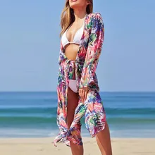 2019 verão impresso longo cardigan bikini cover up chiffon kaftan praia pareos maiô feminino capas mujer robe de plage(China)