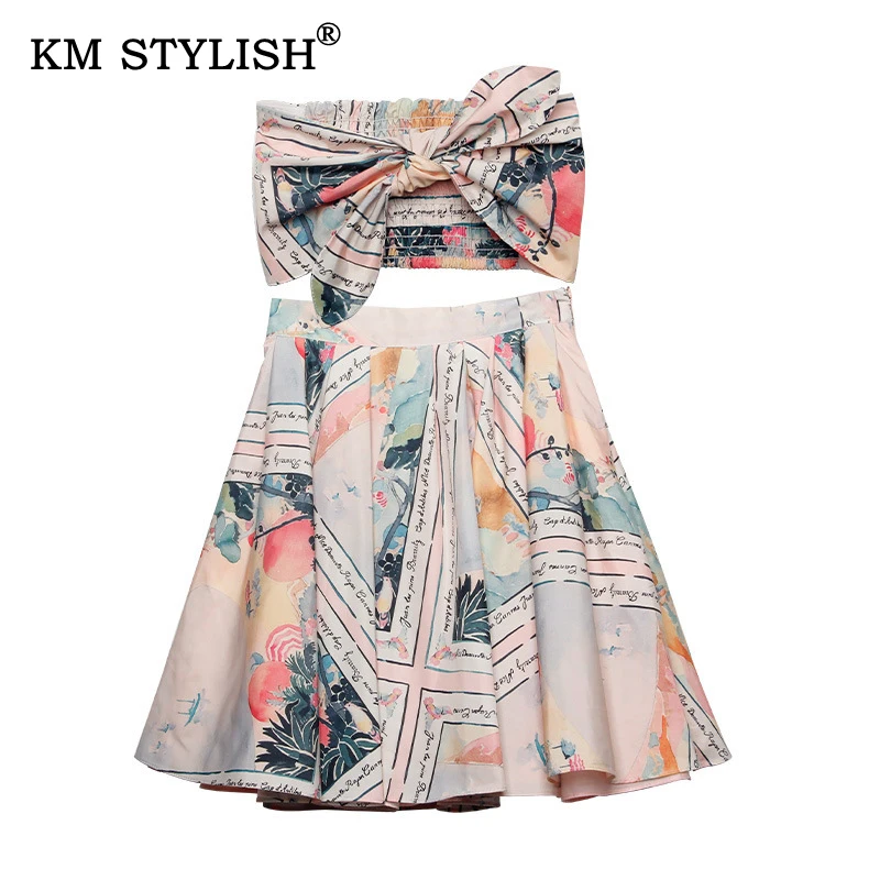 

2019 Women's Suits New Fashion Tie Sexy short Strapless Top + Medium Long Print Cutout Cute Female Two Piece Set