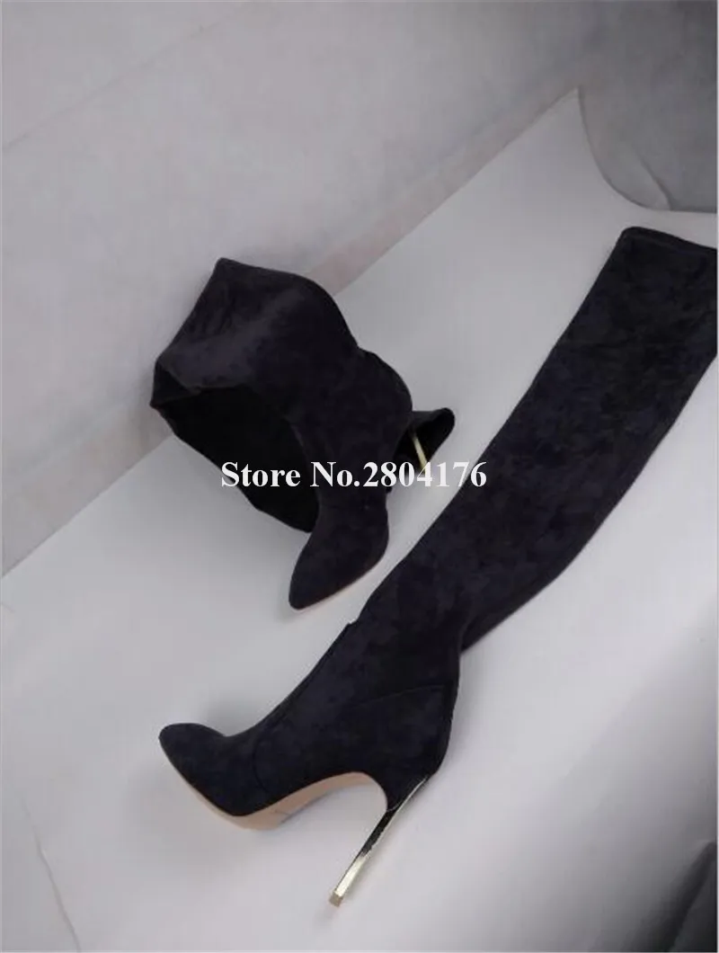 Noir Métal Talon Marque Conception Talons Hauts Stiletto Picture En Cuir Bout Pointu Longues Picture Mode Daim Rouge Femmes as Cuissardes Mince Bottes À As tdshQr