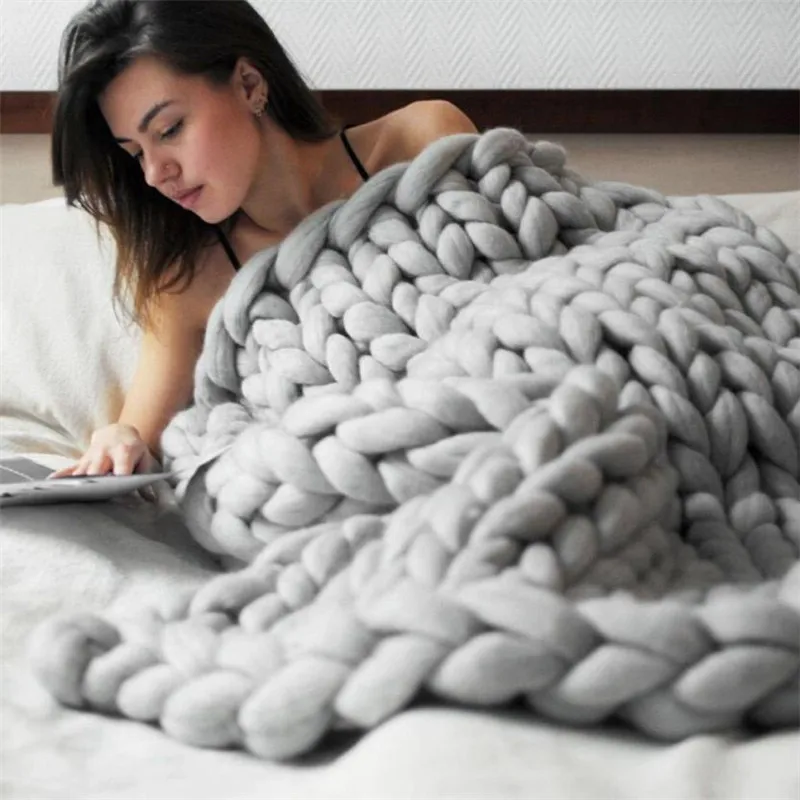 

Handmade Chunky Knitted Blanket Thick Wool Bulky Knitting Large Soft Warm Winter Bed Sofa Plane Blanket 200X200CM