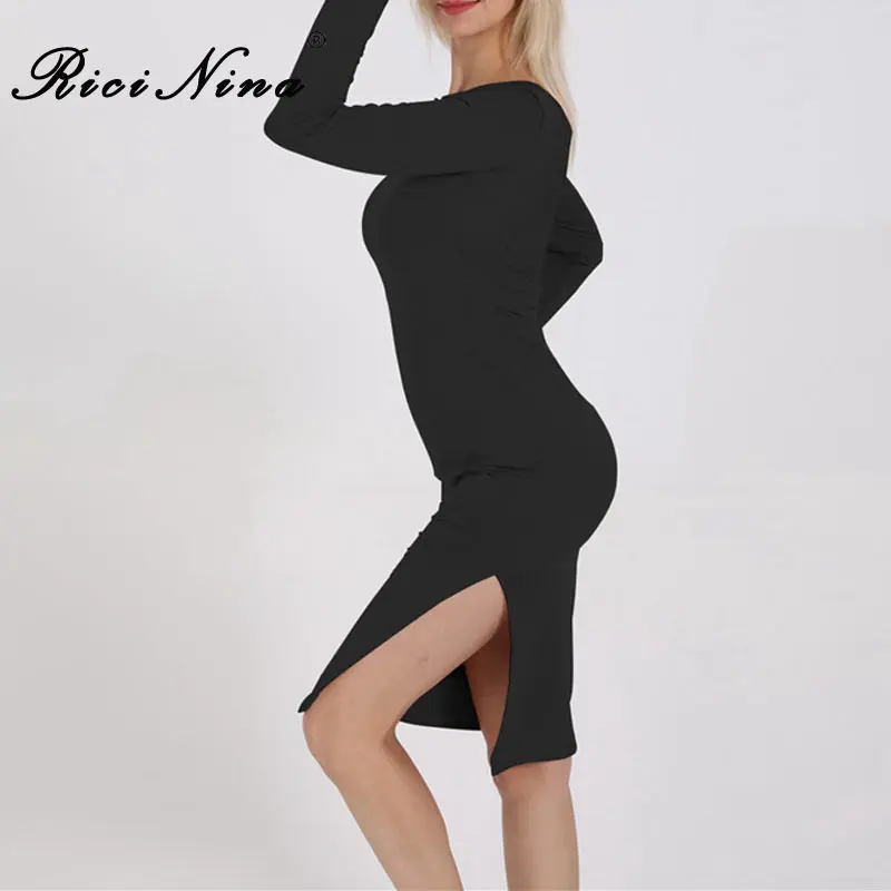 RICININA 2019 Women Backless Dress Woman O-Neck Long Sleeve Slit Knee-Length Dress Vestidos Ladise Spring Sexy Bodycon Dresses