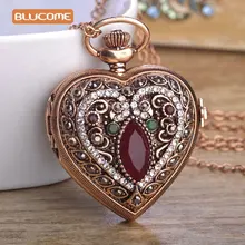 Blucome amor corazón rojo turco relojes de bolsillo para mujeres suéter de la vendimia colgante del bronce del collar de cuarzo reloj de bolsillo collares