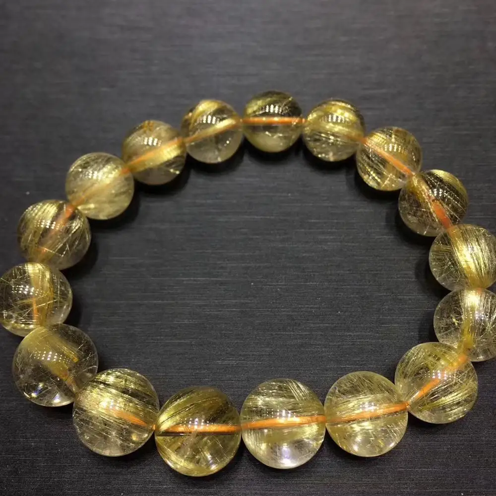 

Genuine Natural Gold Rutilated Quartz Crystal Titanium Woman Man Wealthy Round Beads Bracelet 12mm Jewelry Bangle AAAA